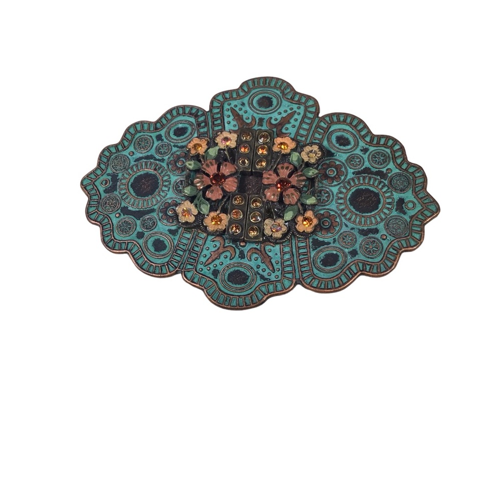 Floral Rhinestone Turquoise Colored Metal Belt Buckle